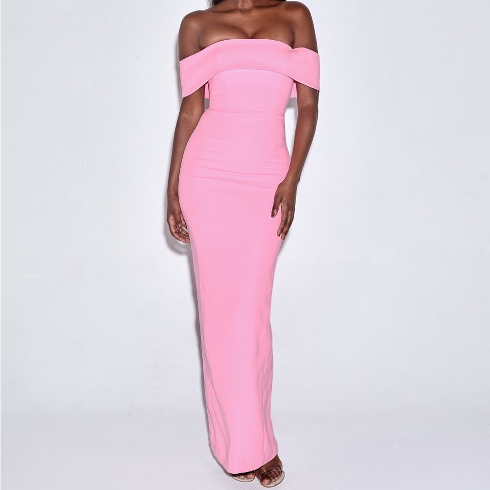 House of CB ‘Shelby’ Pink Crepe Off Shoulder Maxi Dress